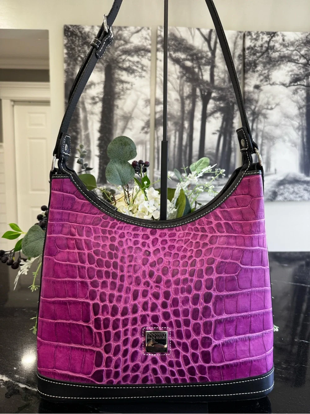 🐊💜Dooney & Bourke Croco Embossed Leather Hobo Shoulder Bag Purple Orchid Black - Picture 1 of 14